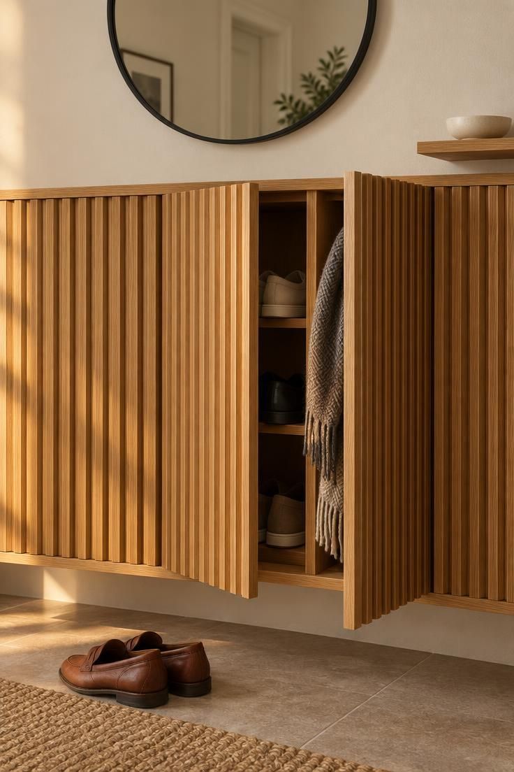 Hallway wall with vertical fluted oak panels about 47 inches high, two panels open to reveal shallow shoe storage, a round black-framed mirror above, and a narrow shelf with a ceramic dish.
