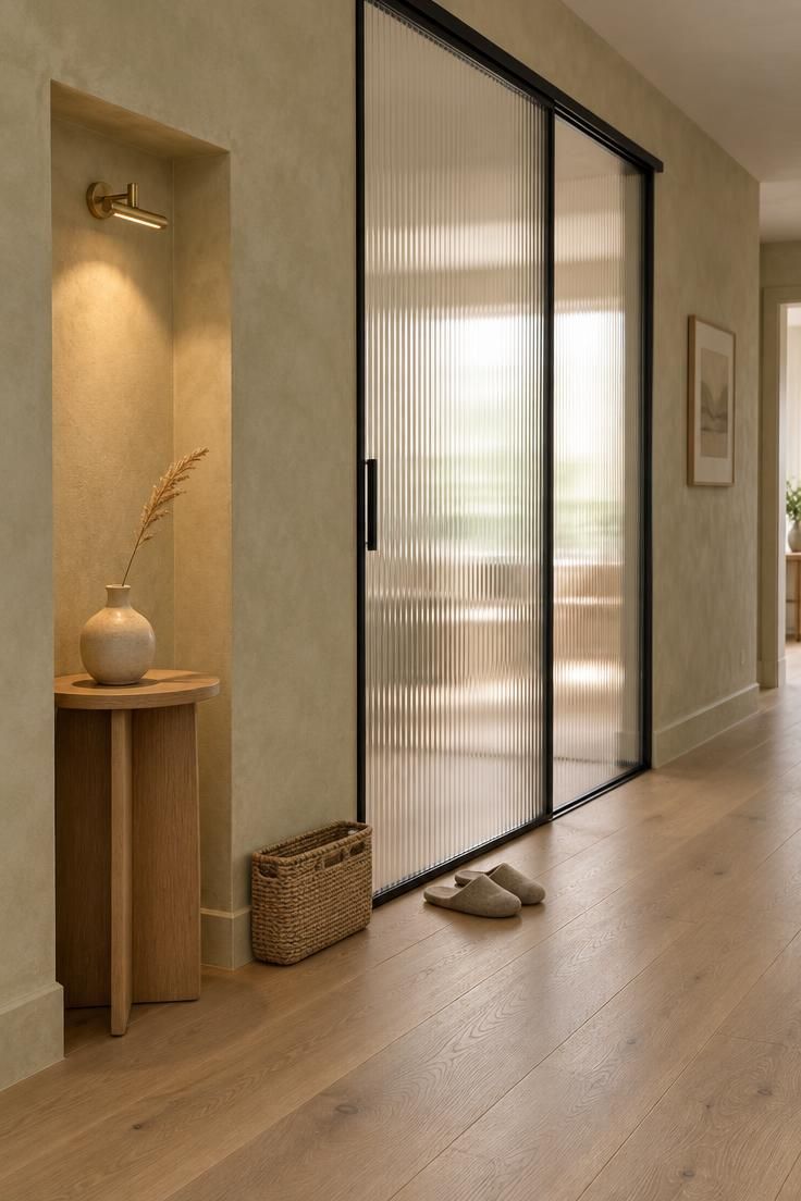 Hallway wall with reeded glass sliding door and blackened steel rail, a small rounded oak side table in a shallow limewash niche, a vase with dried grass, and a brass picture light above.