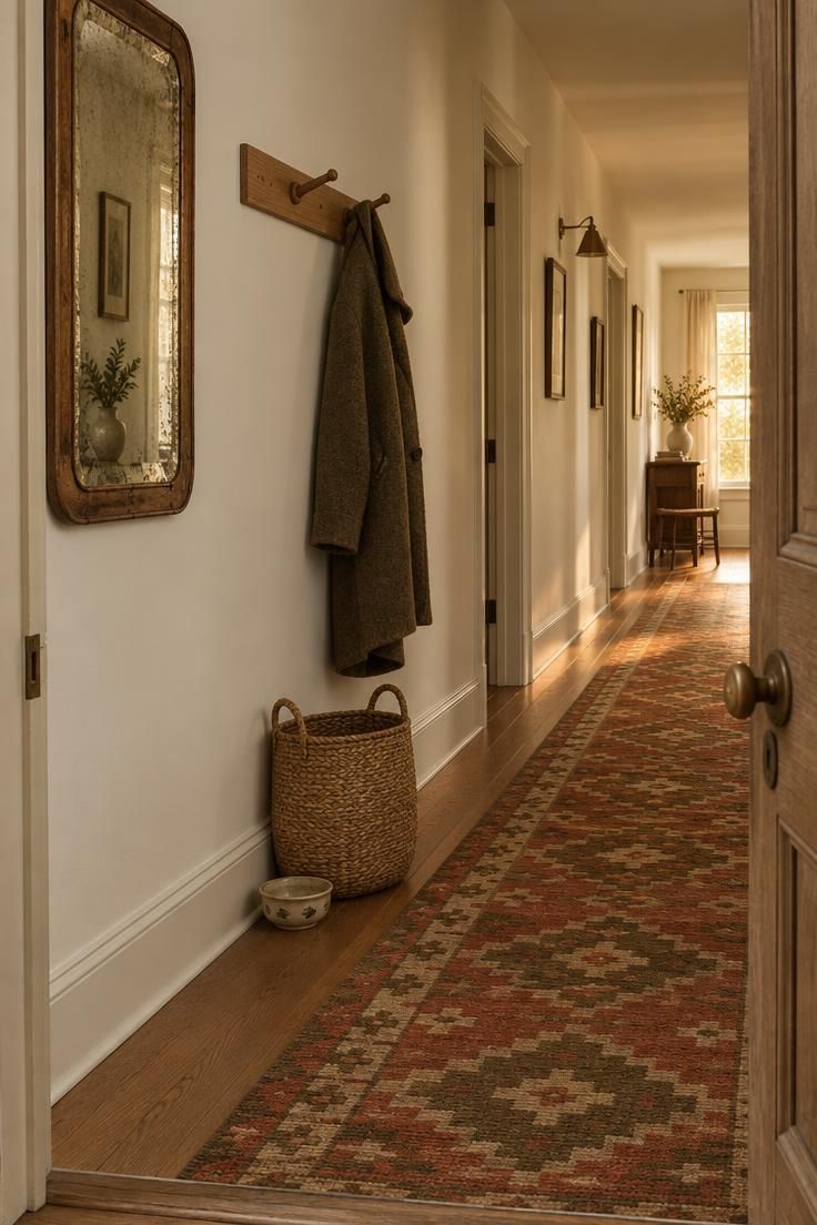 Long hallway with warm white walls, a flat-woven runner in muted rust, olive, and cream, a vintage wood-framed mirror near the door, an oak hook rail, and a woven basket.