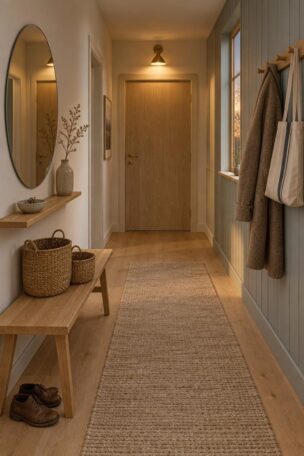 Warm Scandinavian hallway with a slim oak bench, round mirror, woven baskets, blue-gray panelled wall with a peg rail, oatmeal runner on pale oak flooring, and a warm sconce glowing near an ash door at the end.