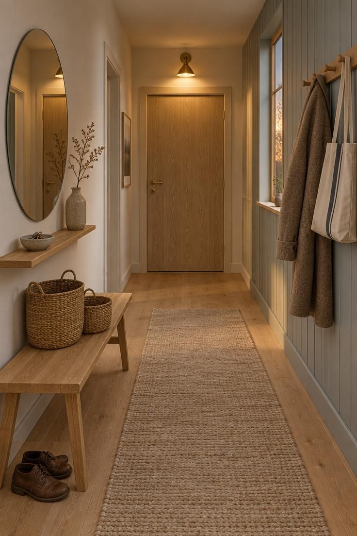 Simple Spaces 15 Warm Scandinavian hallway with a slim oak bench, round mirror, woven baskets, blue-gray panelled wall with a peg rail, oatmeal runner on pale oak flooring, and a warm sconce glowing near an ash door at the end.