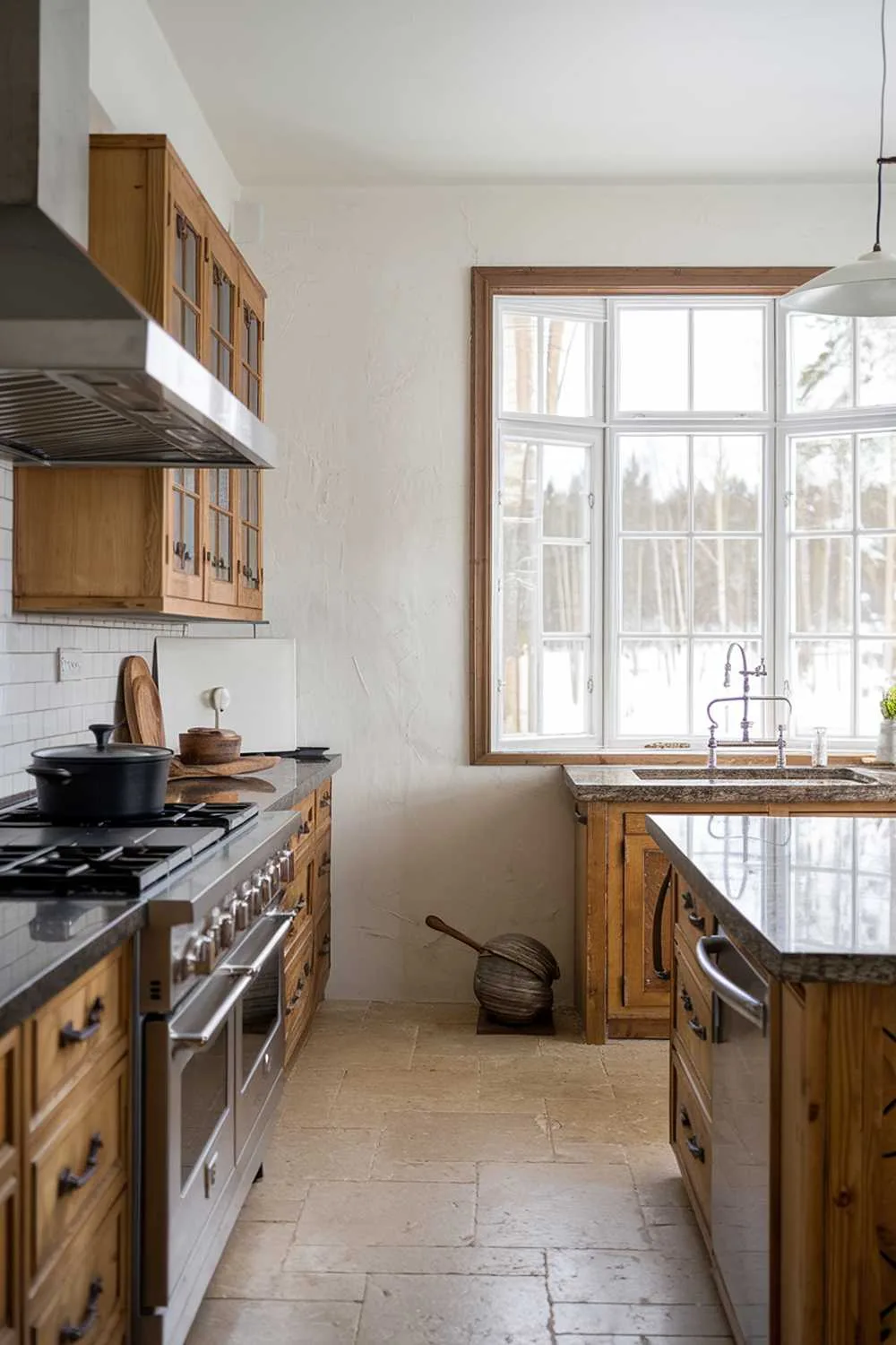 A Scandinavian-style kitchen with wooden cabinets, a granite counter, and stainless steel appliances. The wall has a large window with a view of a snowy landscape. The floor is made of beige tiles. There's a black pot on the stove and a wooden spoon near the sink. The room has a white light fixture hanging above the island.