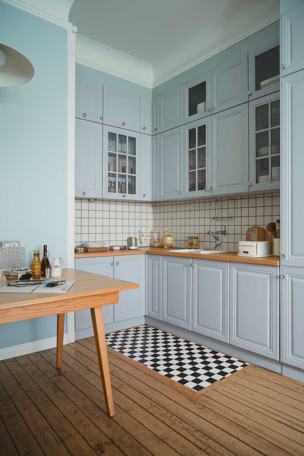 A Scandinavian kitchen design with a wooden floor and light gray cabinets. There is a black and white checkered floor in front of the sink. There is a wooden table in the corner with a few items on top. The walls are painted a soft blue. There is a light fixture hanging over the table.