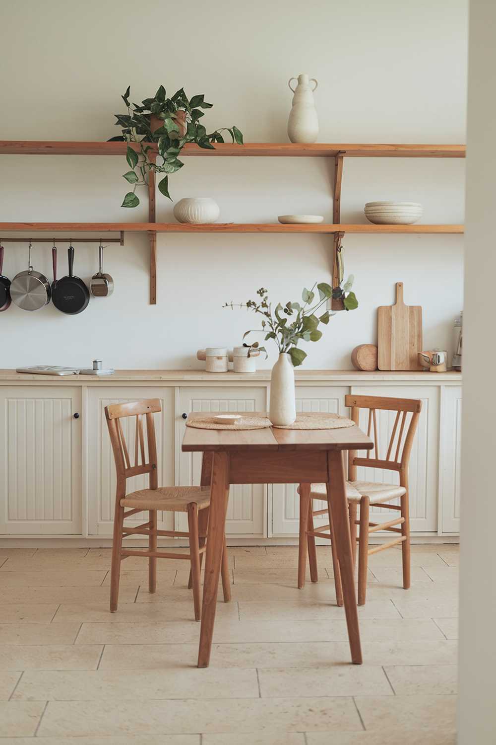 A Scandinavian kitchen with a cozy atmosphere. There's a wooden table in the middle of the room with two chairs. There's a white cabinet with wooden shelves above the table. On the shelves, there's a green plant, a white vase, and a white dish. On the wall behind the table, there's a wooden rack with pots and pans. The floor is covered with beige tiles. The overall design is minimalistic, with a focus on natural materials and soft colors