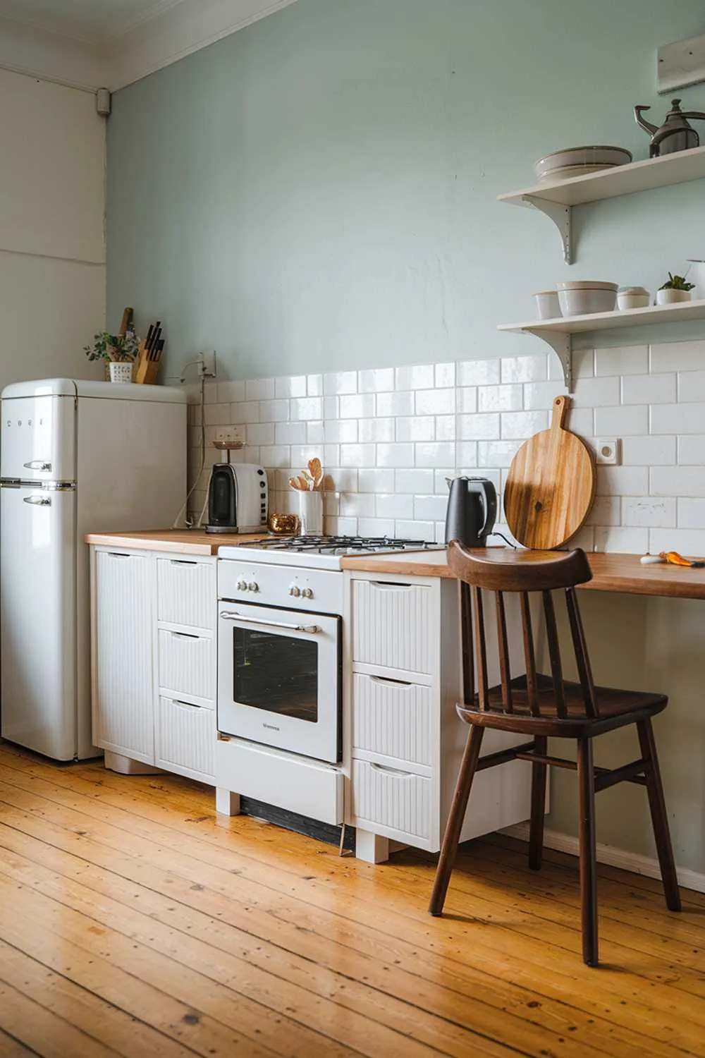 A Scandinavian kitchen with a wooden floor. There's a white cabinet with a wooden countertop, a white oven, and a white fridge. There's a black kettle and a wooden cutting board on the counter. A wooden chair is placed at the counter. The walls are painted in a light blue hue.