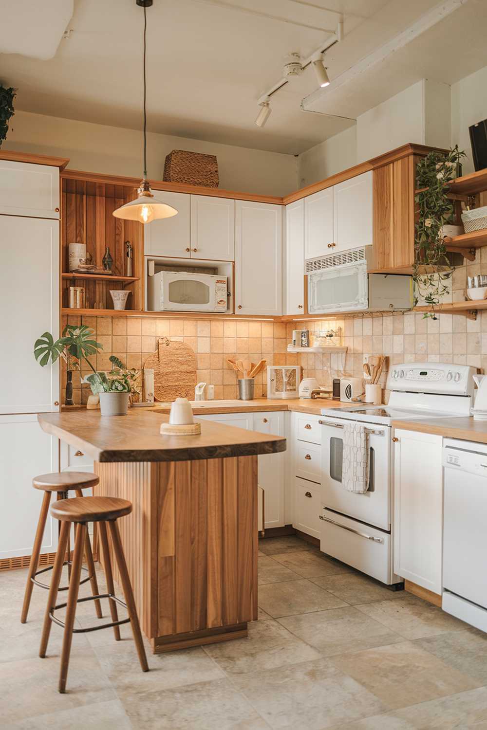 A Scandinavian kitchen design with wooden elements, white cabinets, and a beige backsplash. There is a wooden island in the middle of the room with a few stools. There is a white stove, a microwave oven, and a dishwasher. A potted plant sits on the counter. The floor is covered with beige tiles. The lighting is warm and inviting.