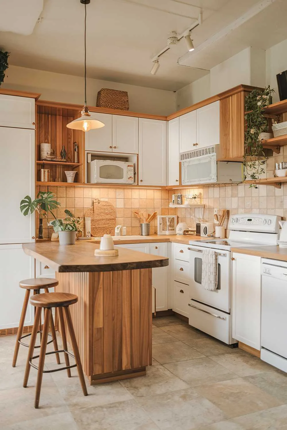 A Scandinavian kitchen design with wooden elements, white cabinets, and a beige backsplash. There is a wooden island in the middle of the room with a few stools. There is a white stove, a microwave oven, and a dishwasher. A potted plant sits on the counter. The floor is covered with beige tiles. The lighting is warm and inviting.