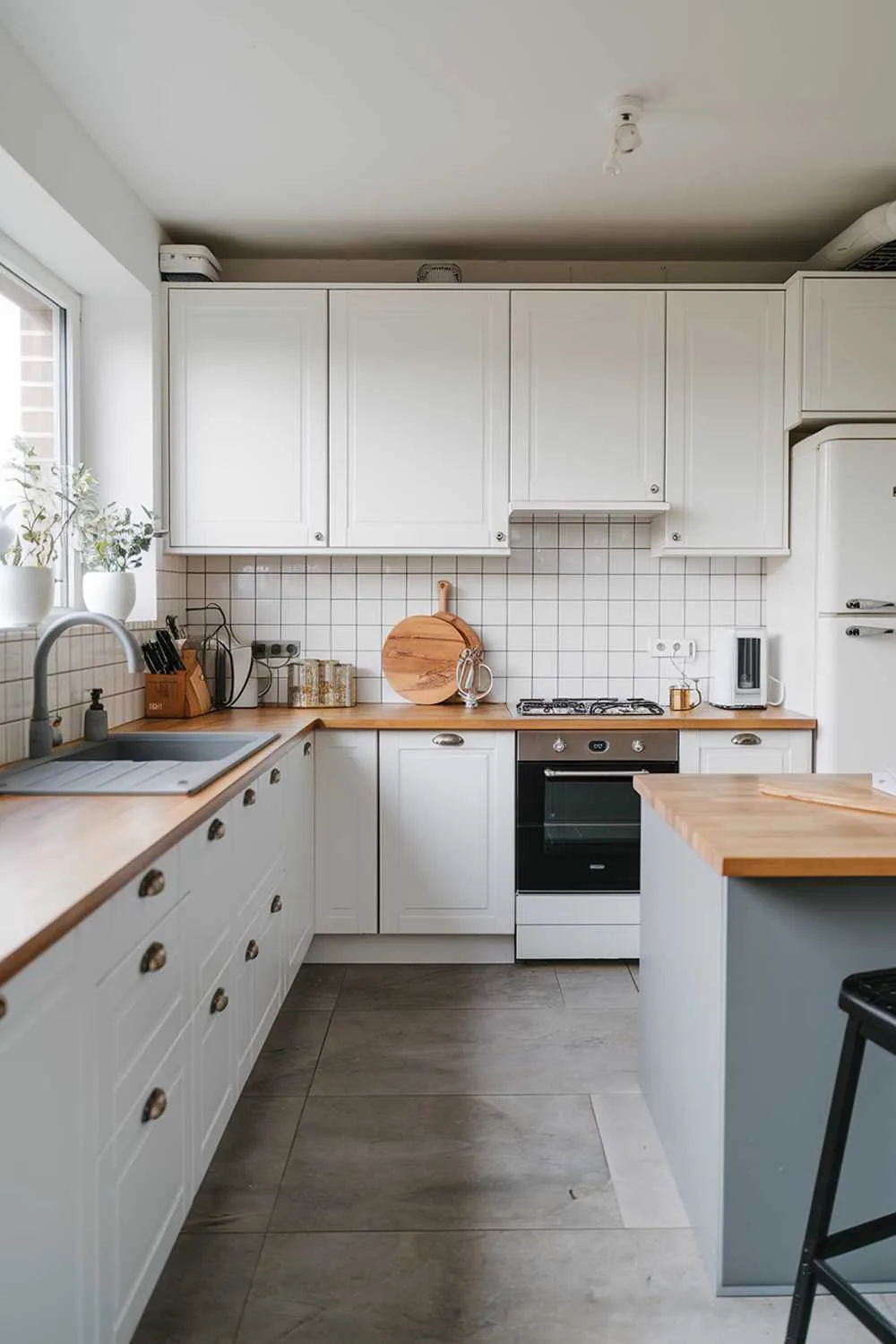 A modern Scandinavian kitchen design with white cabinets, a gray island, and a wooden countertop. The kitchen has a black stove, a white refrigerator, and a gray sink. There are white potted plants on the windowsill and a wooden cutting board on the counter. The floor is made of large gray tiles.