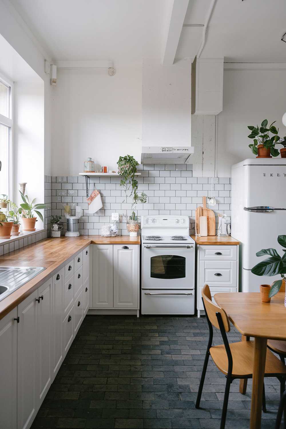 A modern Scandinavian kitchen with a white cabinets, a gray backsplash, and a wooden countertop. There is a white stove, a white refrigerator, and a wooden dining table with chairs in the kitchen. The floors are made of dark gray tiles. There are potted plants near the window and on the countertop.