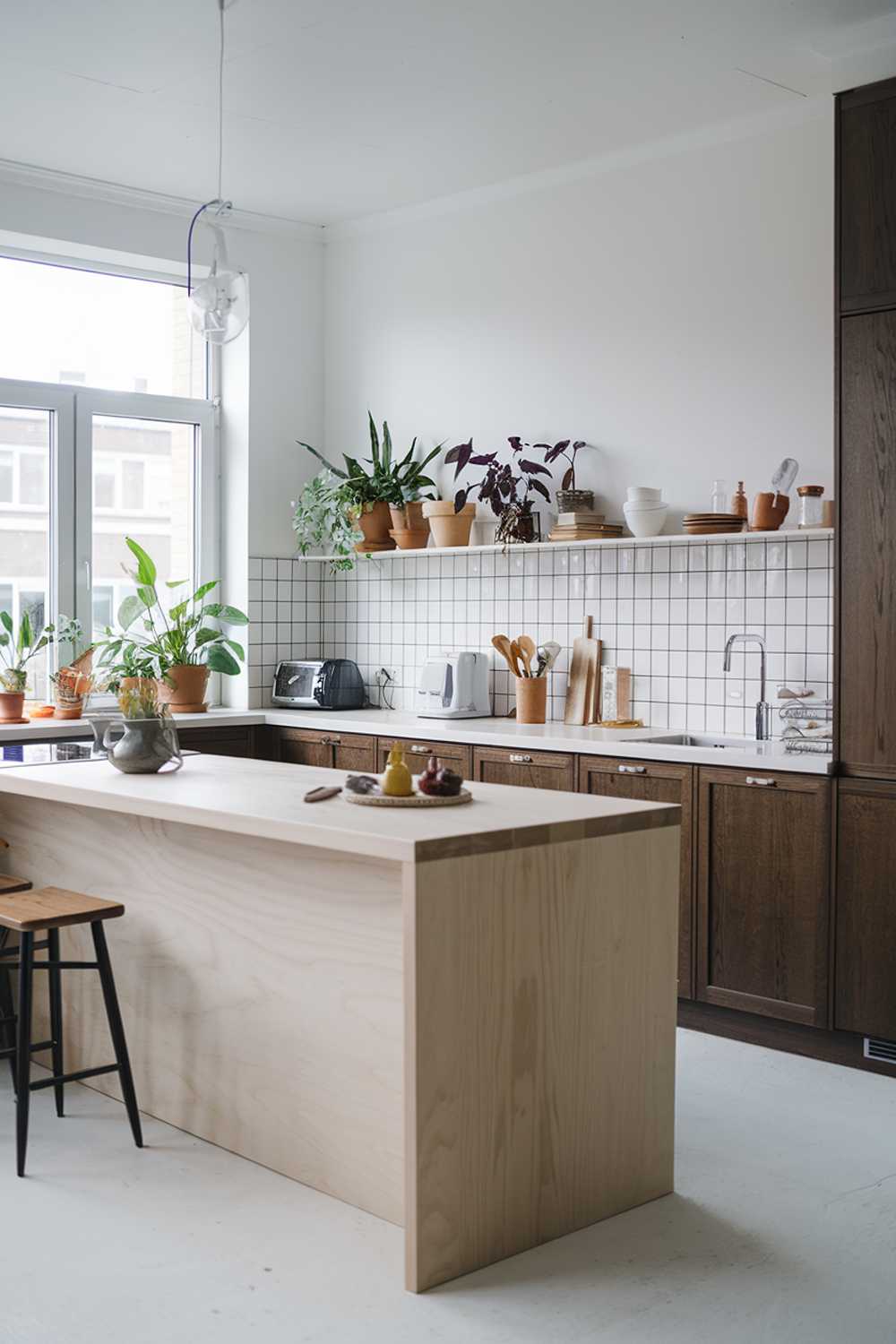 A modern Scandinavian kitchen with a light wooden island and dark wooden cabinets. The kitchen has a white backsplash and countertops. There are potted plants near the window and on the counter. A few cooking utensils are placed on the counter.