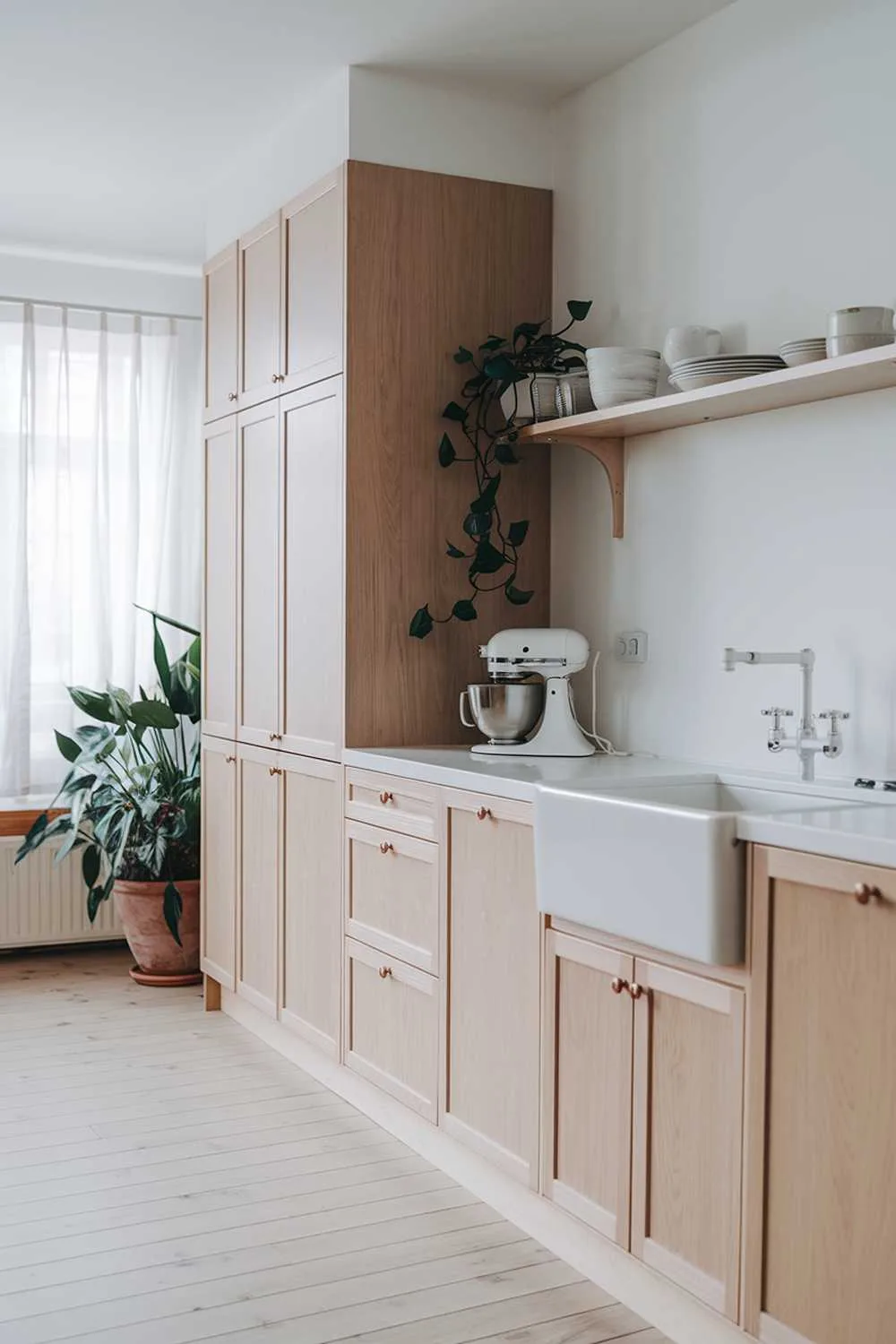 A modern Scandinavian kitchen with light wood cabinets, a white countertop, and a white sink. There is a white mixer on the counter. Above the sink, there's a wall-mounted shelf with some white dishes. The floor is covered with light wood planks. A potted plant is placed near the cabinet, adding a touch of greenery. The room has a window with white curtains.