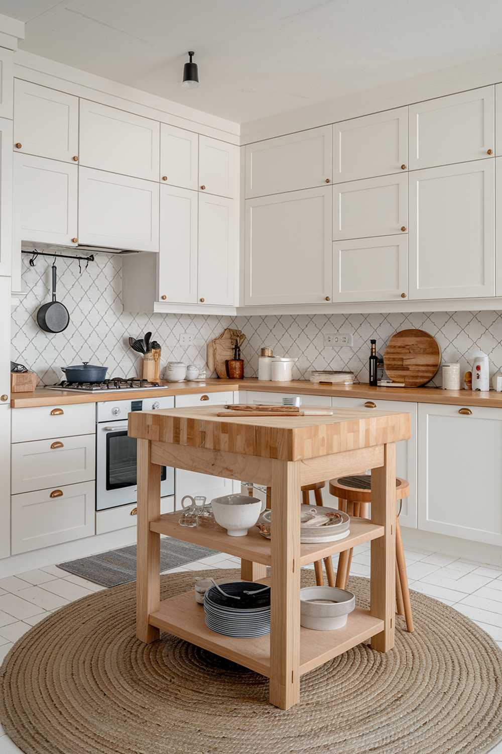 A modern Scandinavian kitchen design with a wooden island and white cabinets. The island has a butcher block top and a few stools. There's a round rug underneath the island. The backsplash has a geometric pattern. There's a pot hanging above the stove. A wooden spoon and a bread knife are placed on the counter.