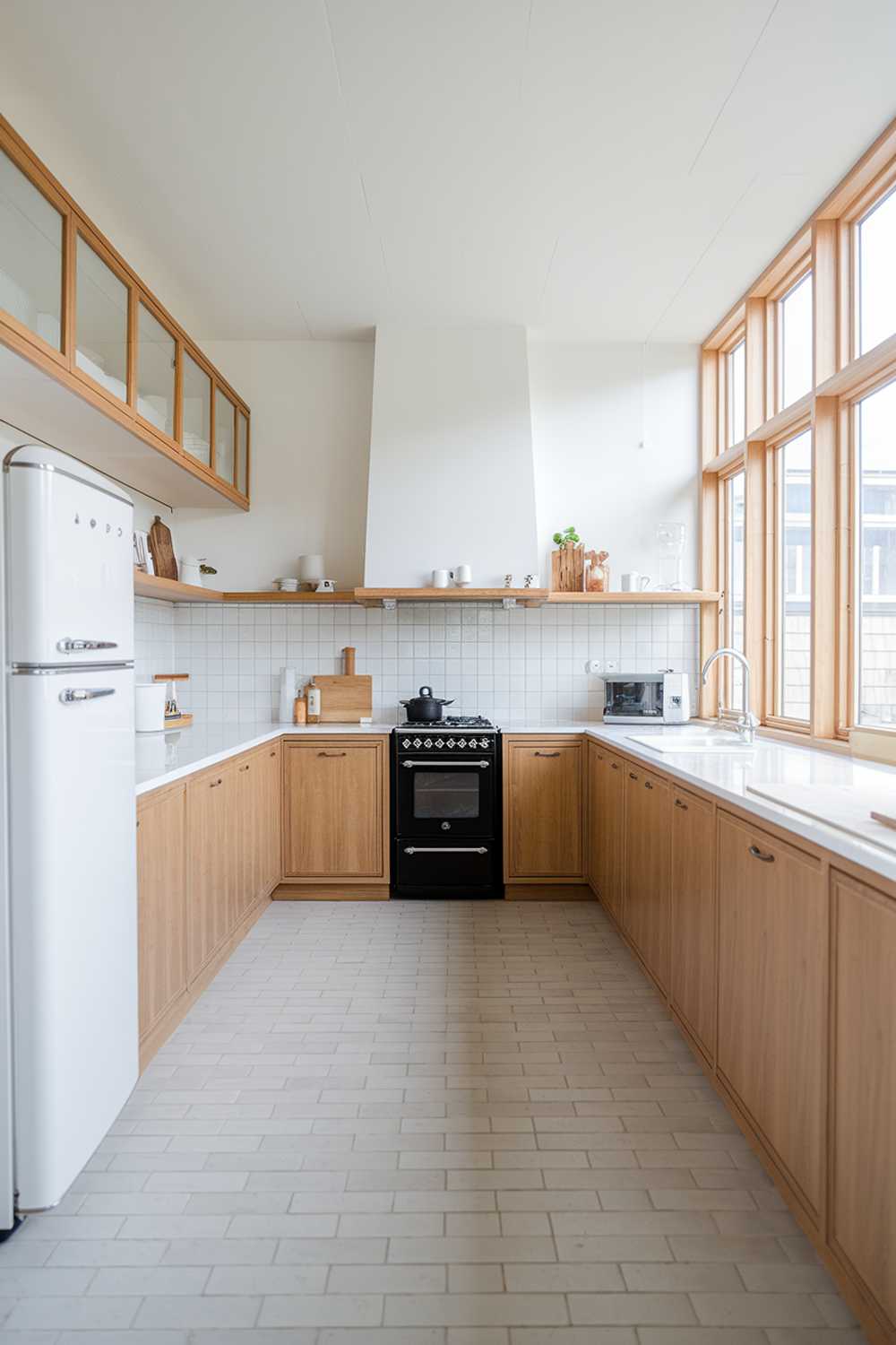 A modern Scandinavian kitchen design with light wood cabinets, white countertops, and a black stove. There's a white fridge on the left and a wooden shelf above the stove. The floor is covered with light gray tiles. The room has a large window with wooden frames, letting in natural light.