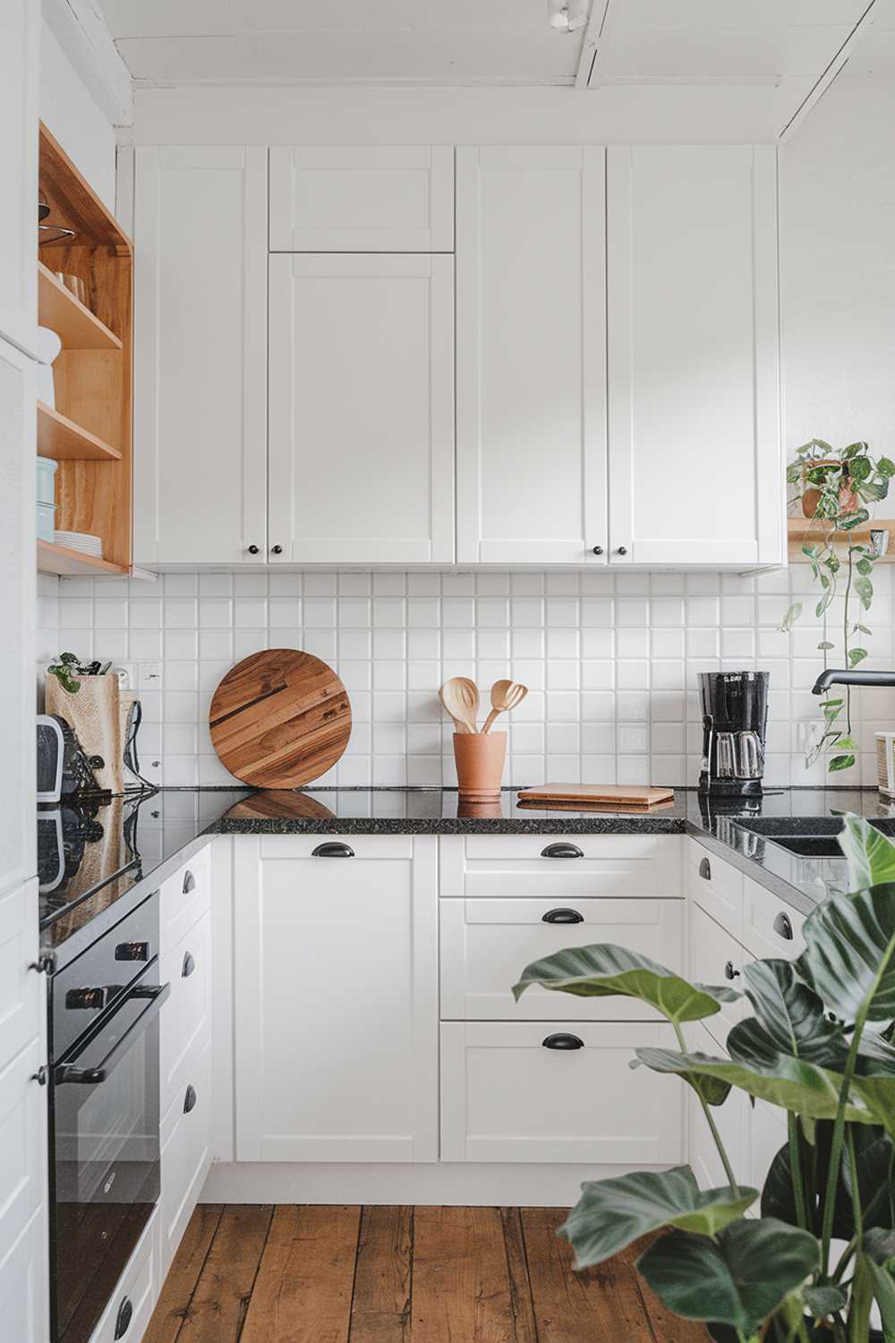 A modern Scandinavian kitchen design with a white cabinets, a dark granite countertop, and a black appliance. The kitchen has wooden elements, including a cutting board and a utensil holder. There is a potted plant near the sink. The floor is made of wooden planks.