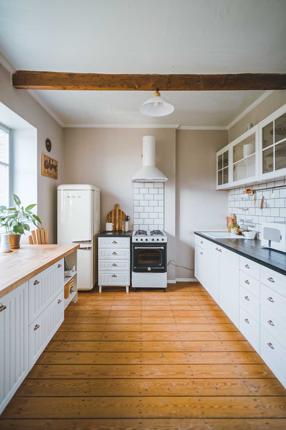 A modern Scandinavian kitchen design. The kitchen has a wooden floor, white cabinets, and a black countertop. There is a white refrigerator with a black door and a black stove with a wooden panel above it. There are also a white sink, a white oven, and a white ceiling hood. The walls are painted in a light gray color. There is a potted plant near the window. The room has a wooden beam across the ceiling.