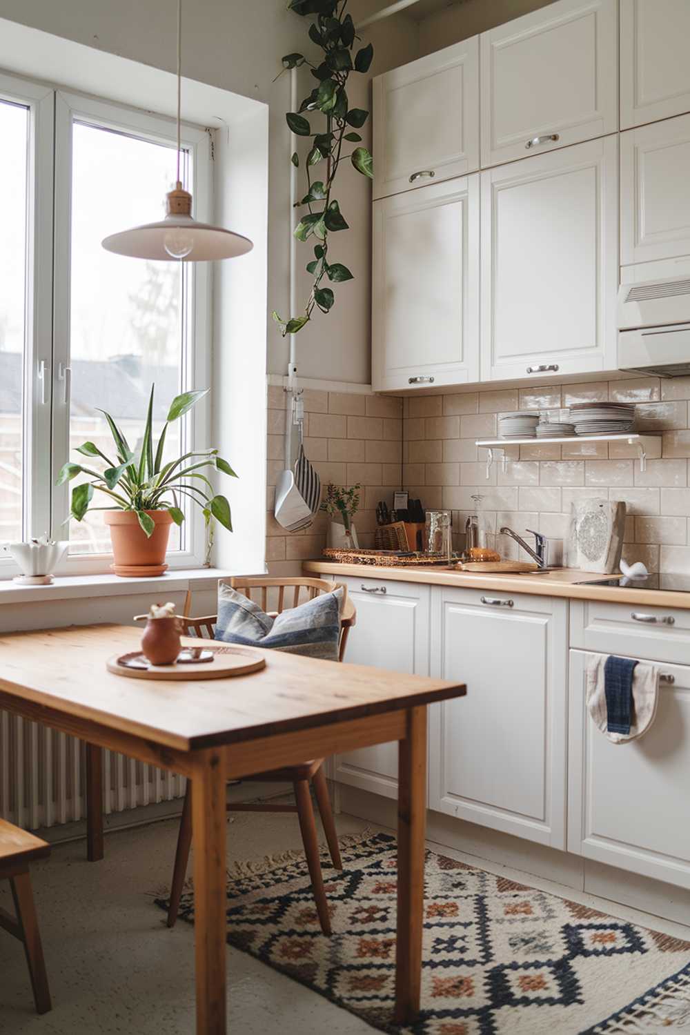 A Scandinavian cozy kitchen design with a wooden table, white cabinets, and a beige backsplash. There's a potted plant on the windowsill and a hanging lamp above the table. A chair is placed near the window. The floor is covered with a patterned rug.