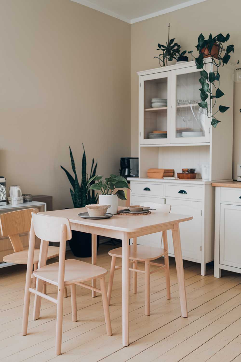 A Scandinavian cozy kitchen design with a light wooden table and chairs. There's a white cabinet with a few dishes and a green plant on the table. The walls are painted beige. There's a black potted plant beside the cabinet. The floor is wooden.