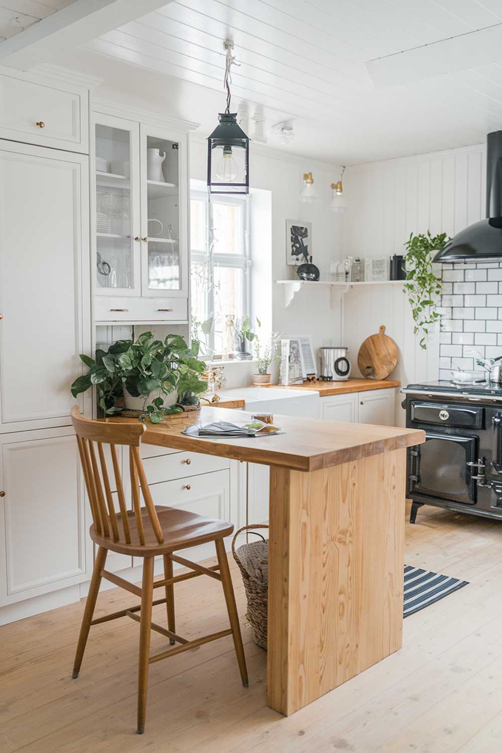 A Scandinavian cozy kitchen design with a wooden island, white cabinets, and a black stove. There's a green plant on the counter. A wooden chair is placed at the island. The floor is made of light-colored wood. There's a lantern hanging above the island.