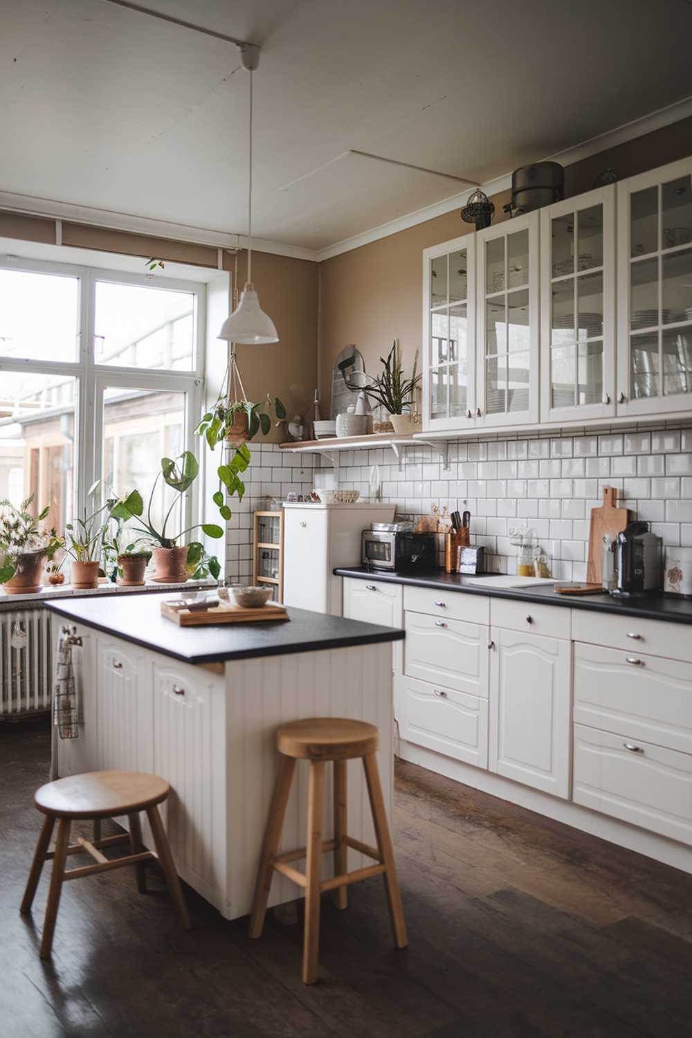 A Scandinavian-style cozy kitchen with a white cabinets, a black countertop, and a white tile backsplash. There's a wooden stool near the island. The island has a white cabinet and a black countertop. There are potted plants near the window. The floor is made of dark wood. A pendant light hangs over the island. The walls have a beige hue.