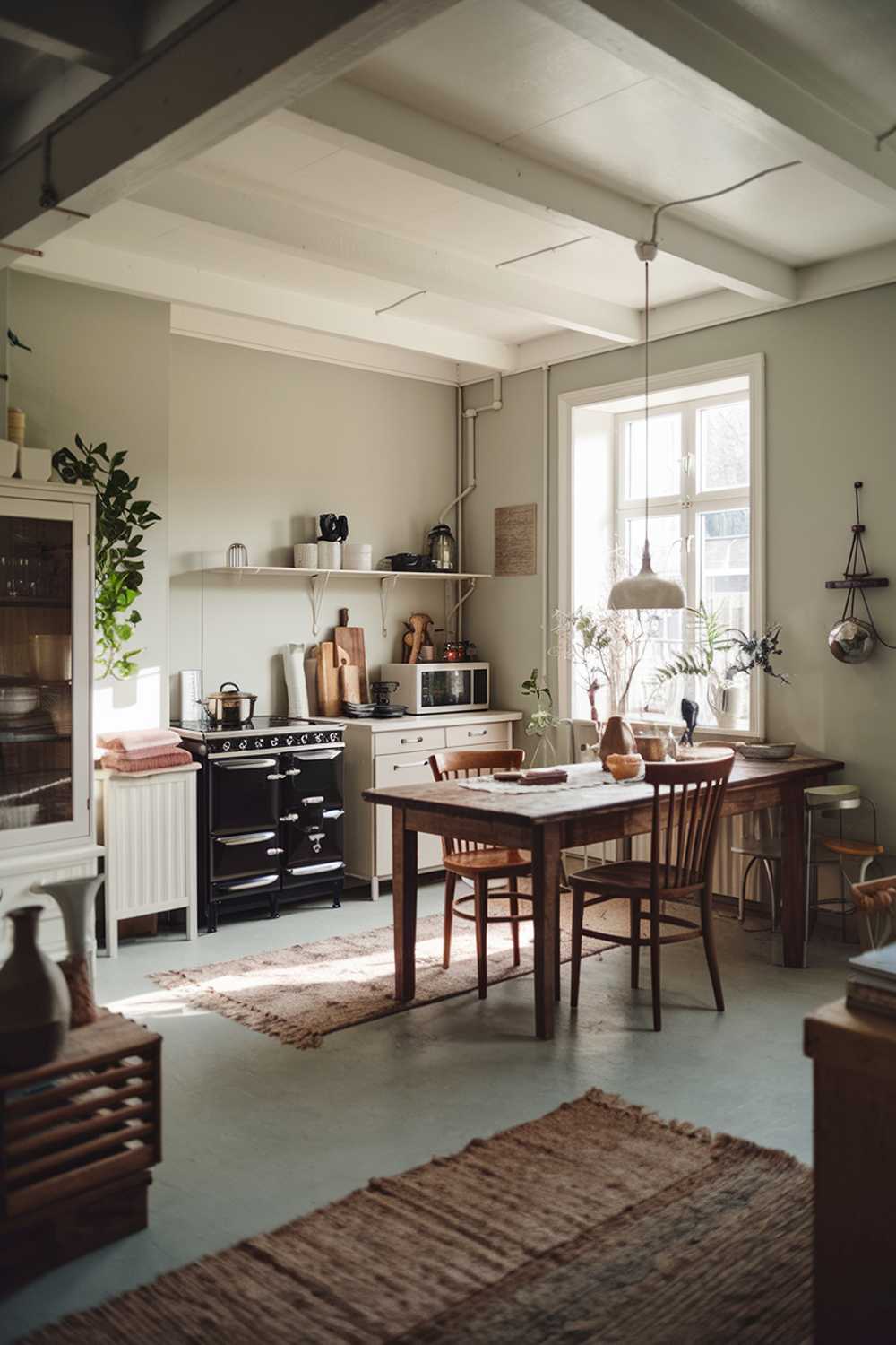 A Scandinavian cozy kitchen design. The room features a rustic wooden table and chairs, a modern stove, a white cabinet, and a green plant. The walls are painted in a soft gray hue. There's a rug on the floor, and a few decorative items, including a vase and a hanging pot. The room has a warm ambiance, with natural light streaming in through a window.