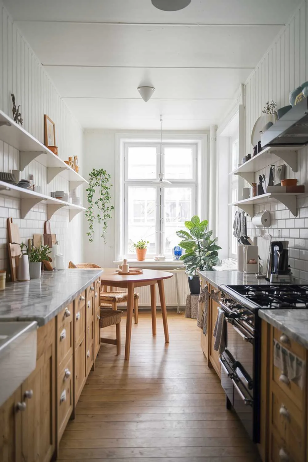 A small Scandinavian kitchen design. The kitchen has wooden cabinets, a marble countertop, and a black stove. There's a wooden dining table in the corner. The walls have white shelves with decorative items. A potted plant is placed near the window. The floor is made of wood. The overall ambiance is bright and warm.