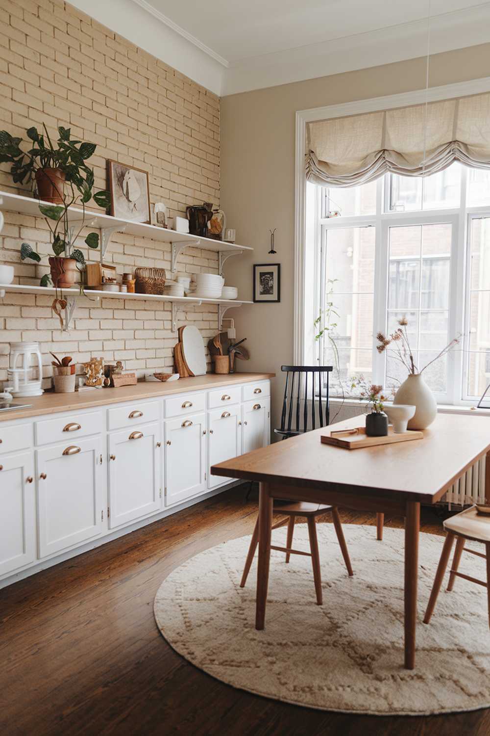 A cozy Scandinavian kitchen design with a beige brick wall, a long wooden dining table, and white cabinets with brass handles. There are potted plants and a few decorative items on the shelves. The floor is made of dark hardwood. A large round rug with a beige and white pattern is placed under the dining table. A black chair is placed near the window. The window has a white frame and is covered with a beige curtain. There's a white vase with a few flowers on the dining table.