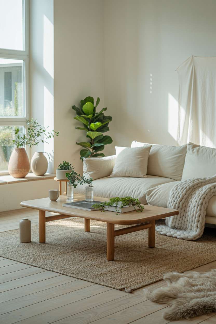 Bright Scandinavian living room with fiddle leaf fig, cream sofa, and birch wood floors