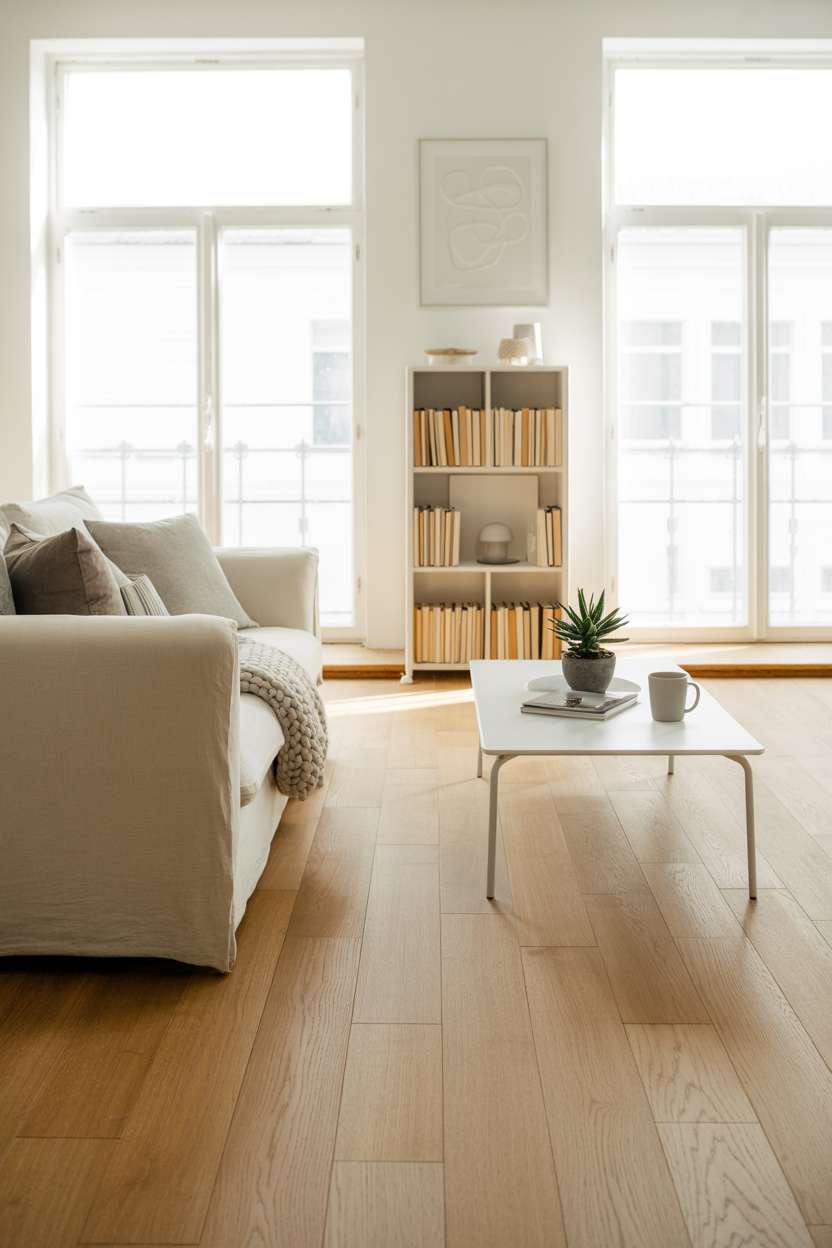 Bright Scandinavian living room with tall bookshelf and cream sofa