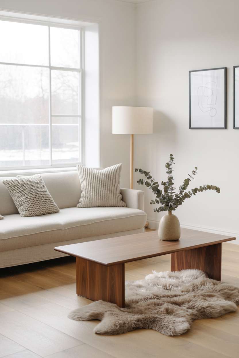 Nordic interior design with reading nook and dusty rose accent chair