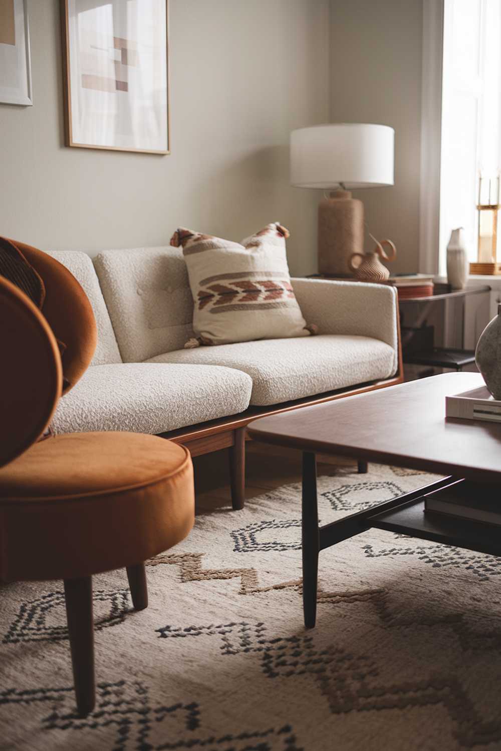 A Scandinavian mid-century living room decor. There's a beige sofa with wooden legs and a few throw pillows with geometric patterns. A burnt orange chair with a round seat is placed near the sofa. There's a coffee table with a wooden surface and a black frame. The room has a patterned rug and a few decorative pieces, including a vase and a lamp. The walls are painted in a soft gray color.