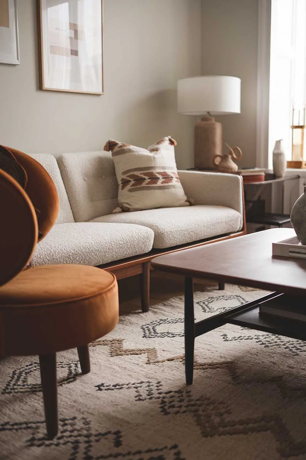 23 Scandinavian Mid-Century Living Room Decor Ideas 1 A Scandinavian mid-century living room decor. There's a beige sofa with wooden legs and a few throw pillows with geometric patterns. A burnt orange chair with a round seat is placed near the sofa. There's a coffee table with a wooden surface and a black frame. The room has a patterned rug and a few decorative pieces, including a vase and a lamp. The walls are painted in a soft gray color.