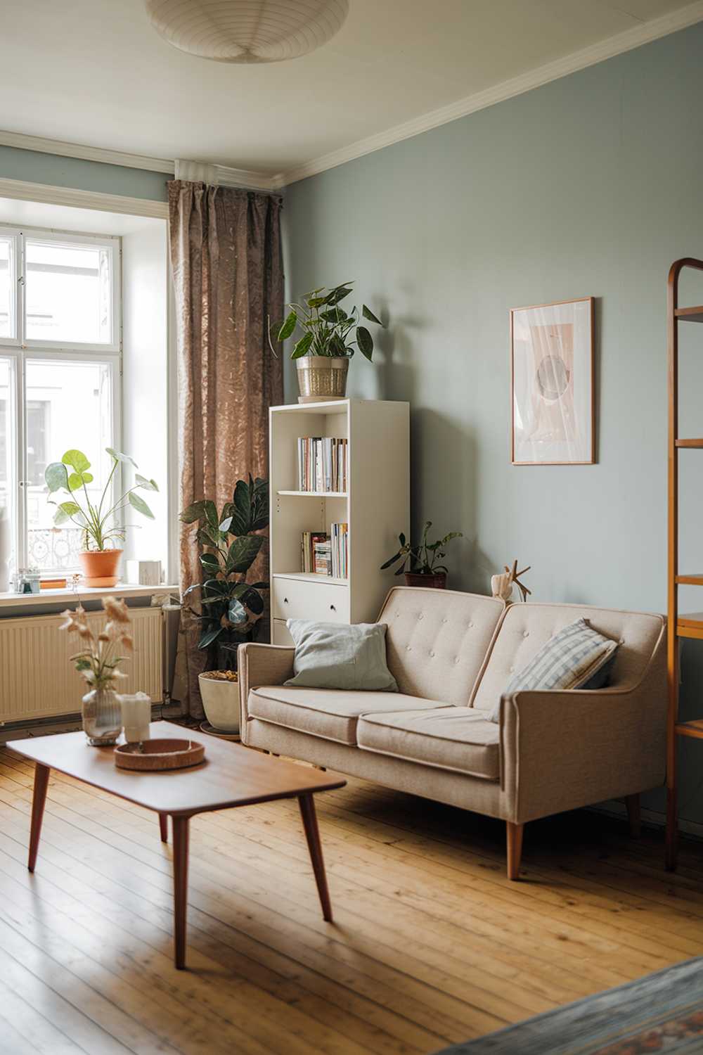 A Scandinavian mid-century living room decor with a warm ambiance. The room features a beige sofa with cushions, a wooden coffee table, and a white bookcase. There's a plant near the window. The walls are painted in a soft blue hue. The room has a wooden floor.