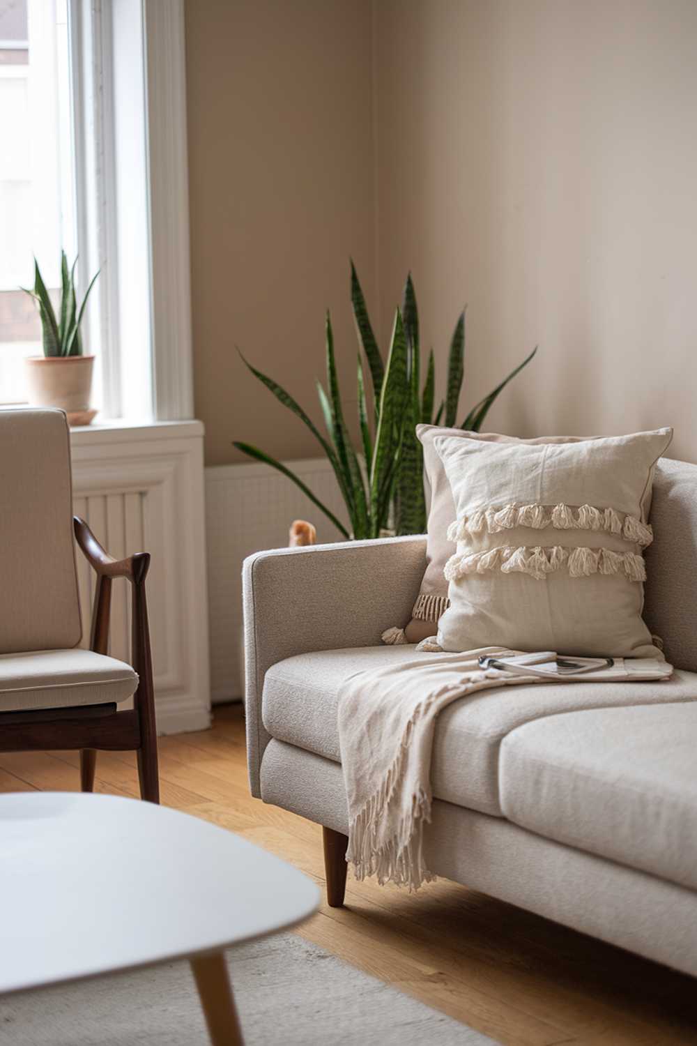 A Scandinavian mid-century living room decor. There is a beige sofa with a few throw pillows. There is a white coffee table in front of the sofa. There is a wooden chair with a beige cushion next to the sofa. There is a potted plant near the window. The walls are painted beige. The floor is made of wood.