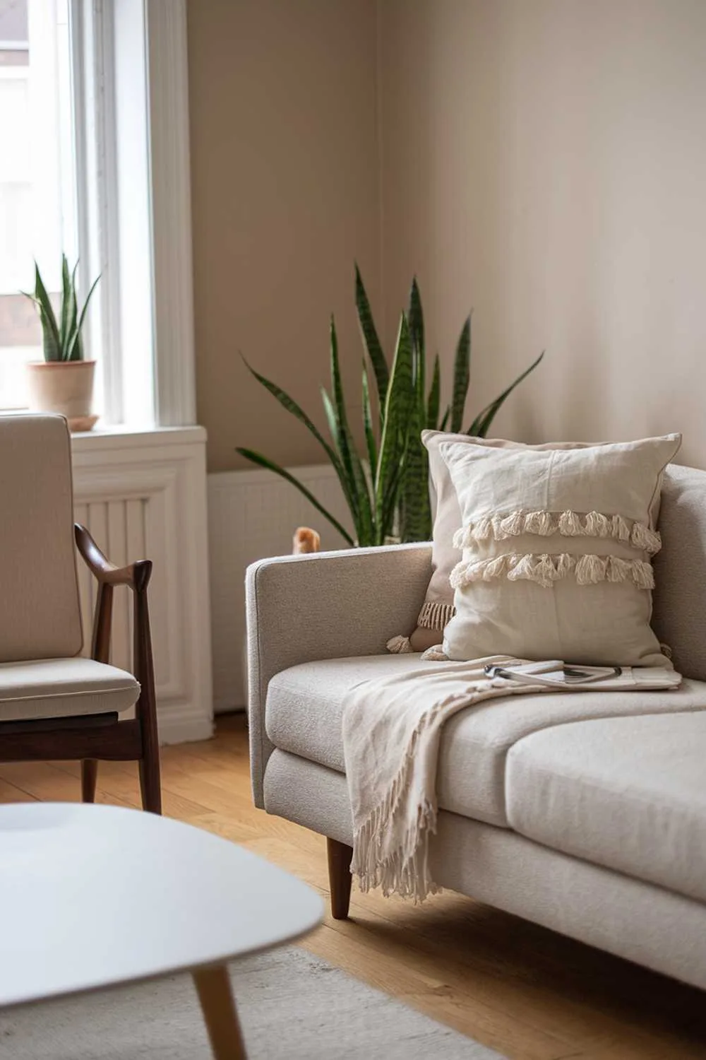23 Scandinavian Mid-Century Living Room Decor Ideas 3 A Scandinavian mid-century living room decor. There is a beige sofa with a few throw pillows. There is a white coffee table in front of the sofa. There is a wooden chair with a beige cushion next to the sofa. There is a potted plant near the window. The walls are painted beige. The floor is made of wood.