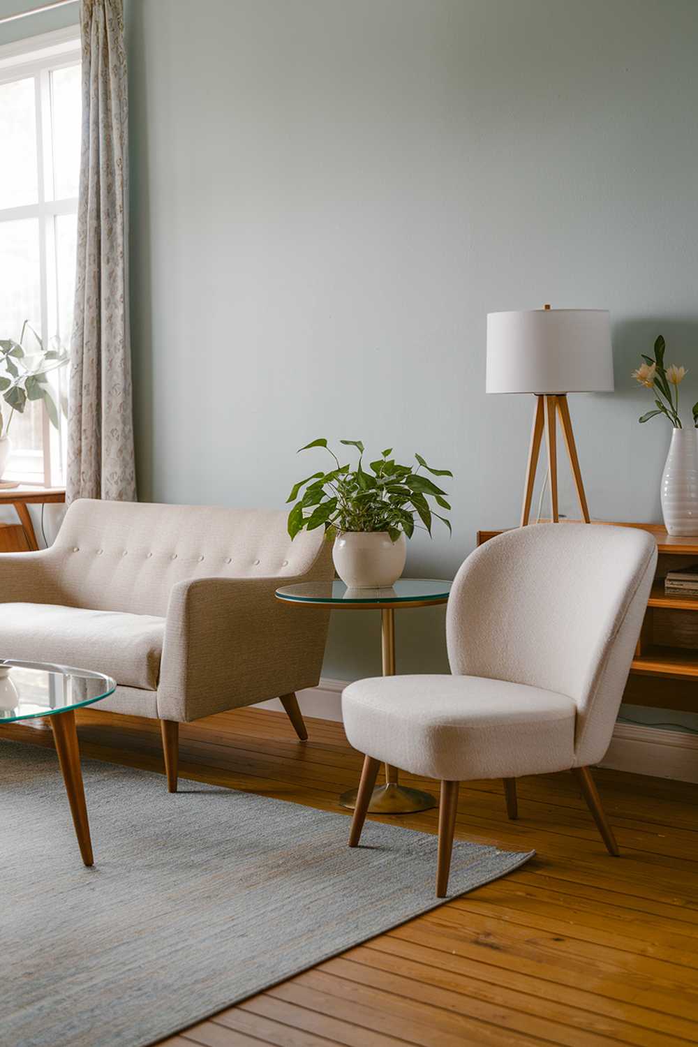 A Scandinavian mid-century living room. A beige sofa with wooden legs is placed beside a white chair with a curved back. A small round table with a glass top is placed between the sofa and the chair. On the table, there's a green plant in a white pot. The room has a wooden floor and a few decorative items, including a lamp with a wooden base and a white vase with a few flowers. The walls are painted in a light blue shade. A large area rug covers the wooden floor.