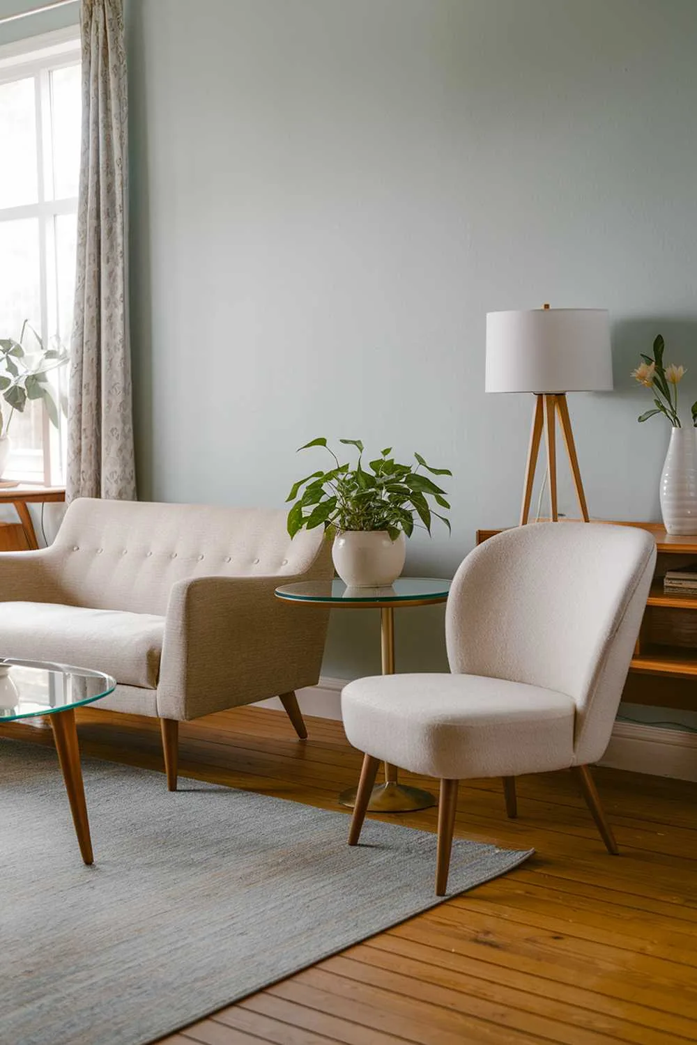 23 Scandinavian Mid-Century Living Room Decor Ideas 4 A Scandinavian mid-century living room. A beige sofa with wooden legs is placed beside a white chair with a curved back. A small round table with a glass top is placed between the sofa and the chair. On the table, there's a green plant in a white pot. The room has a wooden floor and a few decorative items, including a lamp with a wooden base and a white vase with a few flowers. The walls are painted in a light blue shade. A large area rug covers the wooden floor.