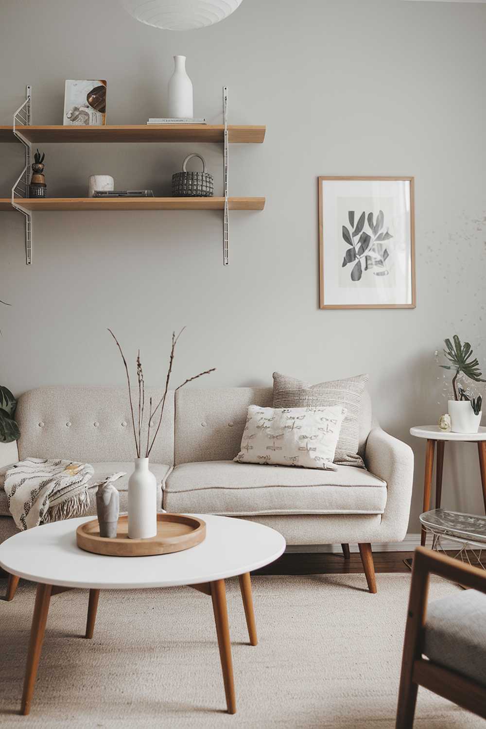 A Scandinavian modern mid-century living room decor. The room has a beige sofa with wooden legs, a white coffee table with a round wooden top, and a few decorative items on the coffee table. There's a wooden shelf above the sofa with a few items. The walls are painted a light gray color. The floor is covered with a beige rug.