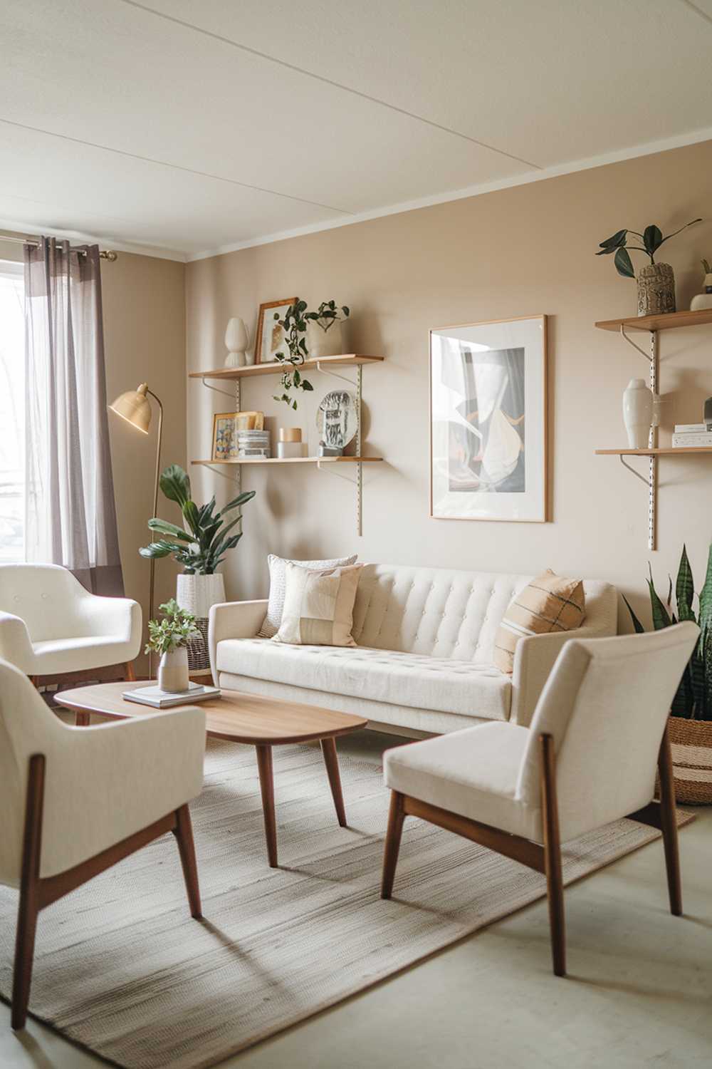 A Scandinavian modern mid-century living room decor. The room has a beige sofa with wooden legs, a few white chairs, and a wooden coffee table. There are also a few decorative items on the shelves. The walls are painted in soft beige and there's a rug on the floor. The room has a few plants and a lamp.