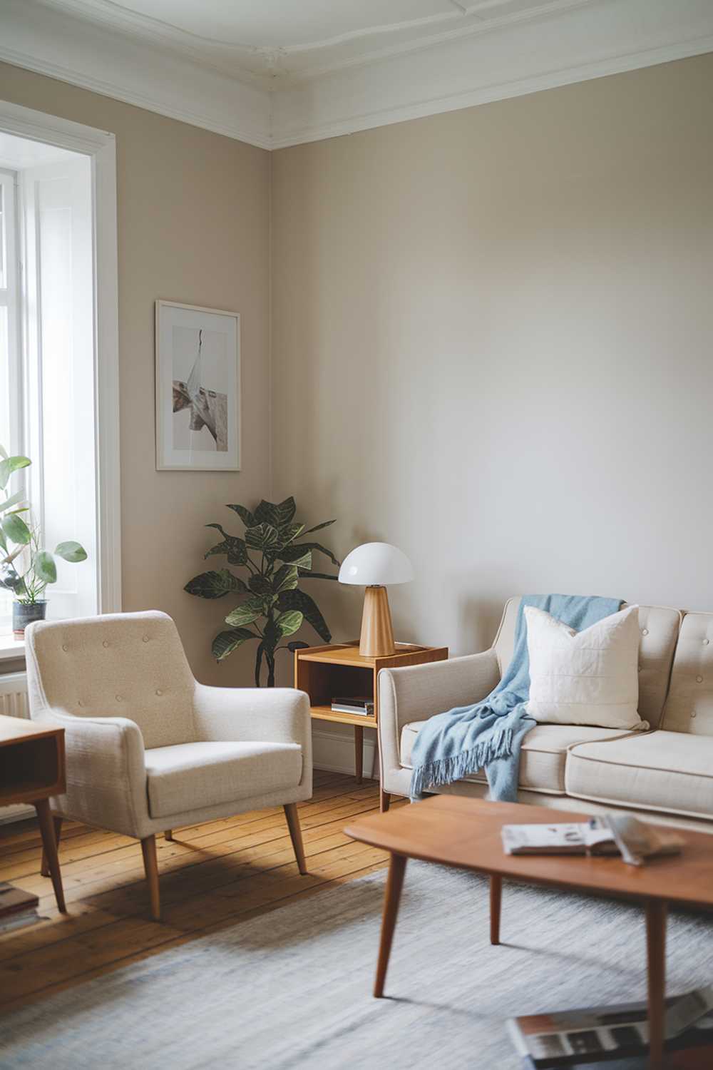 A Scandinavian modern mid-century living room decor. There's a beige sofa with white pillows and a blue throw blanket. A wooden coffee table with a white table lamp is placed in front of the sofa. A beige armchair with a wooden side table is placed near the sofa. The walls are painted in a soft gray hue. There's a potted plant near the window. The room has wooden flooring.