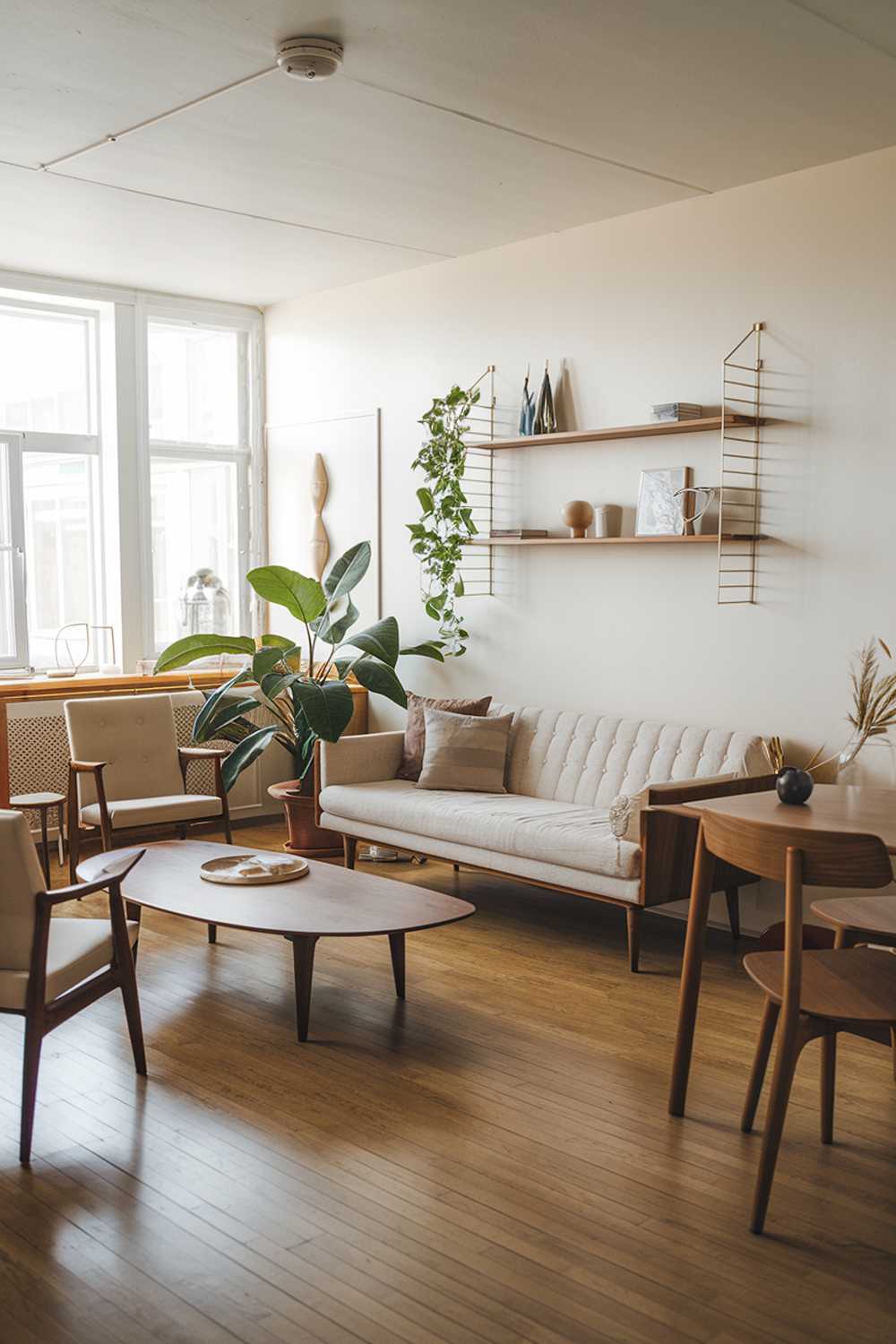 A Scandinavian modern mid-century living room decor. There's a beige sofa with a few cushions and a few wooden chairs in the room. There's a large wooden coffee table in the middle of the room. On the wall behind the sofa, there's a wooden shelf with a few decorative items. The floor is made of light brown wood. There's a large potted plant near the sofa. The room has a few windows, letting in natural light.