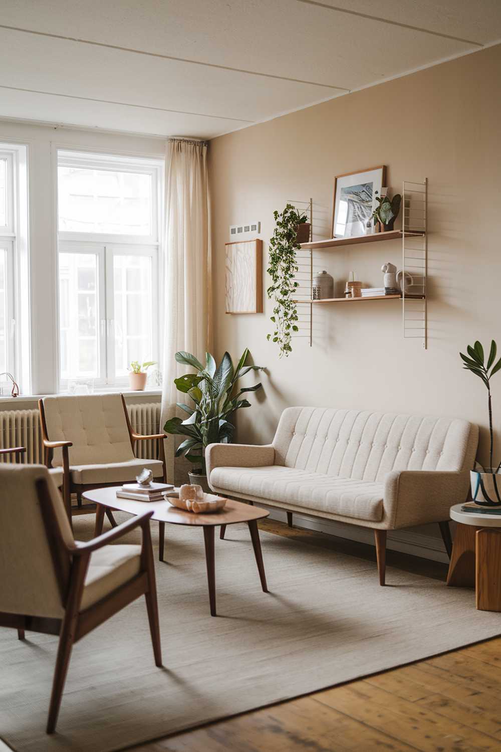 A Scandinavian modern mid-century living room. The room has a beige sofa with wooden legs, a few chairs, a wooden coffee table, and a plant. There's a wall-mounted shelf with a few decorative items. The floor is covered with a beige rug. The room has a few windows, one of which has a white curtain. The walls are painted beige.