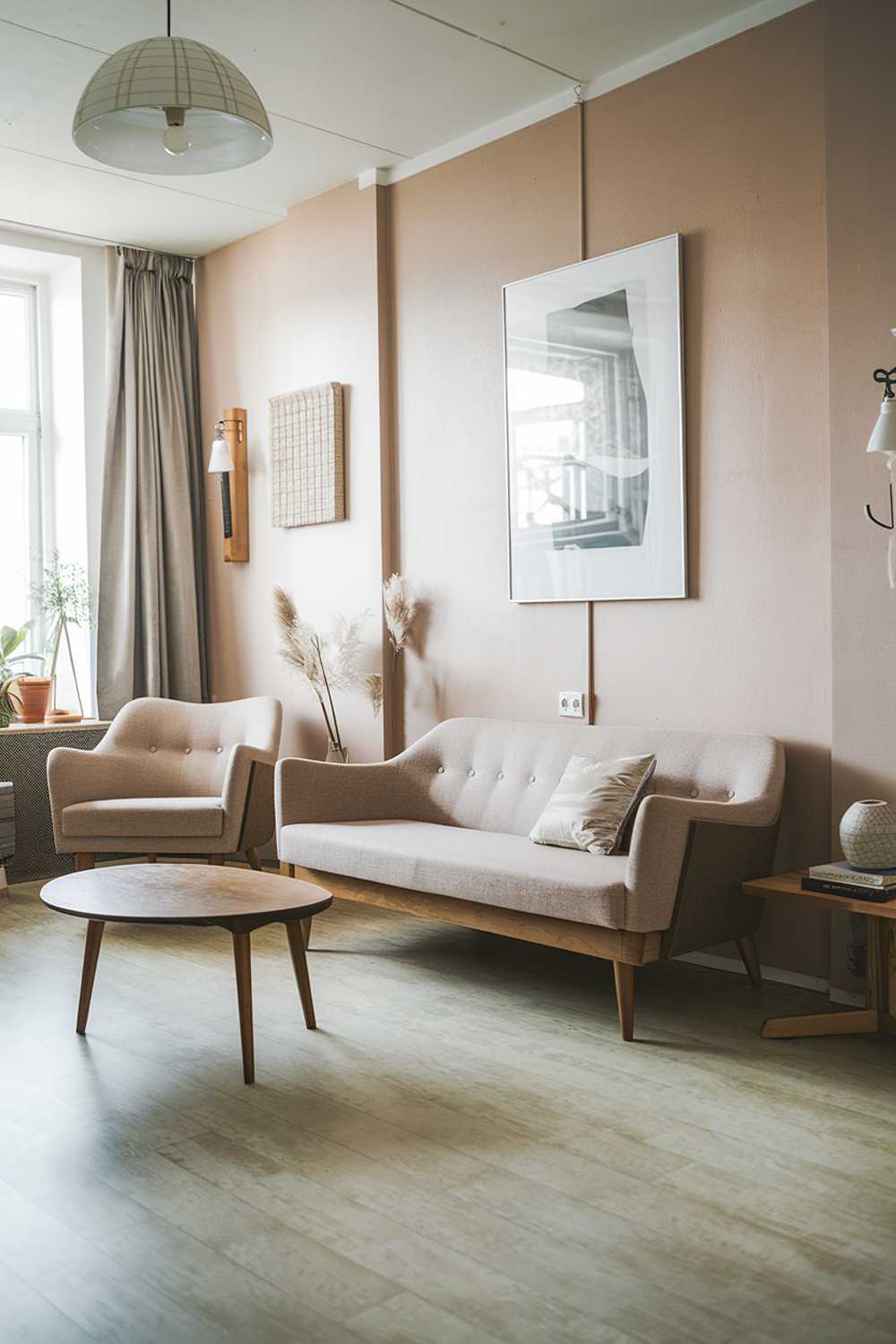 A Scandinavian modern mid-century living room decor. The room has a beige sofa with wooden legs and a few cushions. There is a matching chair next to the sofa. A wooden coffee table with a round top is placed in front of the sofa. The walls have a few pieces of art and a light fixture. The floor has a light wood finish.