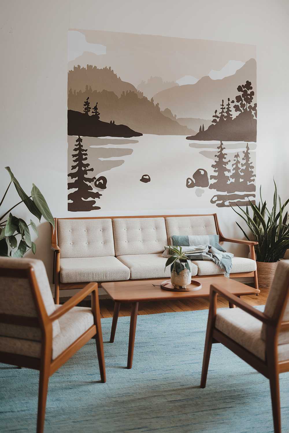 A Scandinavian modern mid-century living room decor. There's a beige sofa with a wooden frame, a few wooden chairs, and a blue rug. There's a wooden coffee table in the middle. On the wall, there's a large wall art of a serene landscape with mountains, water, and trees. There are a few potted plants in the room. The lighting is soft.