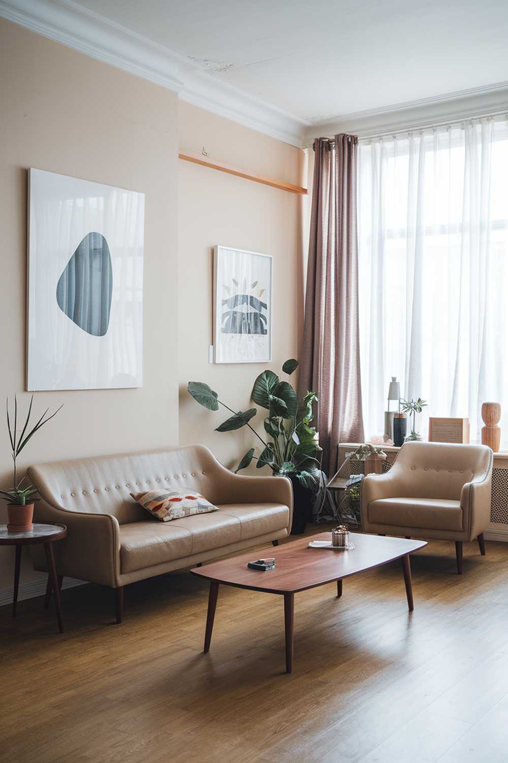 A Scandinavian modern mid-century living room decor. There's a beige sofa with a few cushions and a matching armchair. There's a small round table with a plant next to the sofa. There's a wooden coffee table in the middle of the room. The walls have a few pieces of art. The room has a large window with curtains. The floor is wooden.