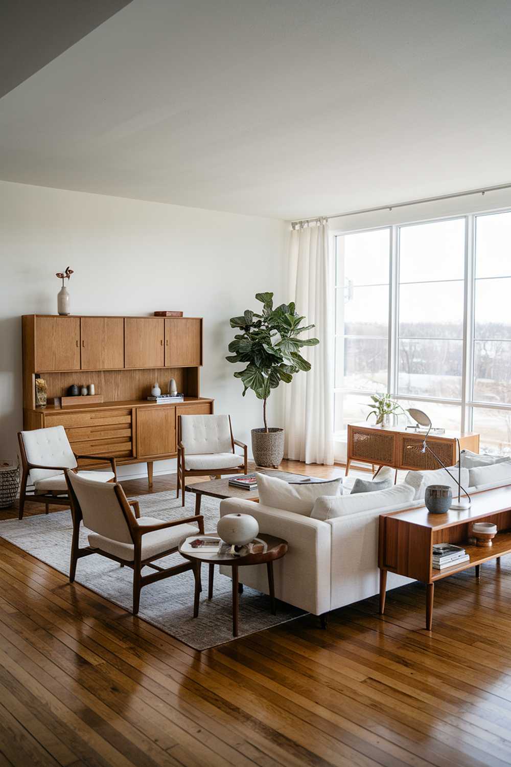 A large Scandinavian modern mid century living room. The room has a white sofa, a few chairs, a coffee table, and a plant. There is a wooden cabinet against the wall. The floor is hardwood. The room has a large window with a view of a landscape.