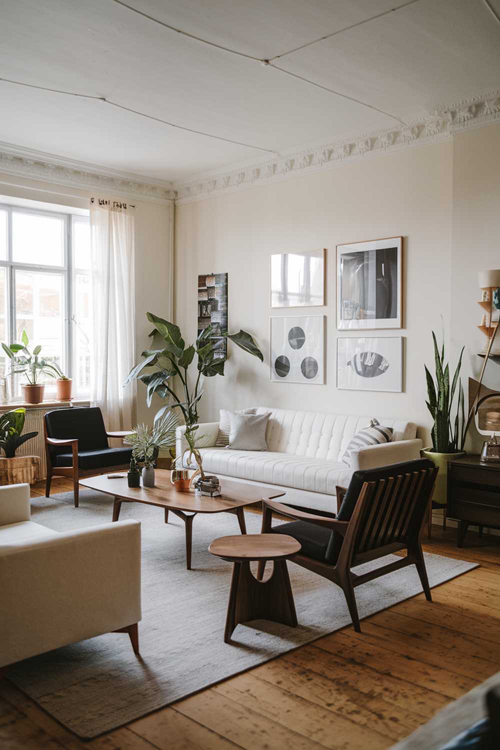 A Scandinavian modern mid-century living room. The room has a white sofa and a few black chairs. There's a wooden coffee table in the center. The room has a few potted plants and a few decorative items. The walls have a few pieces of art. The floor is made of wood.