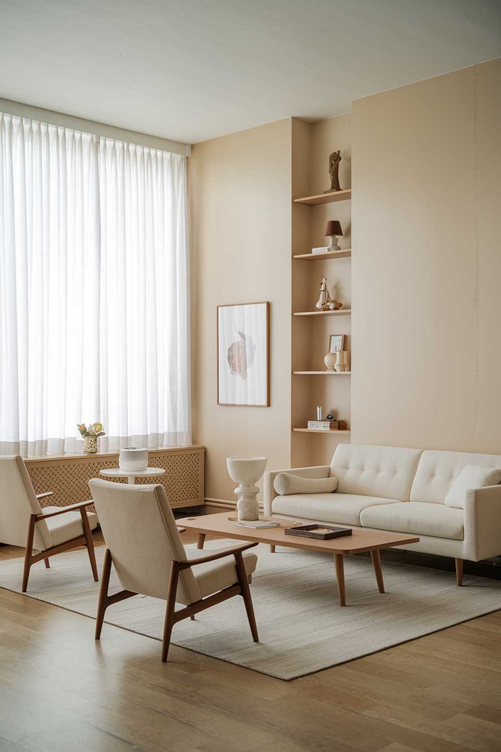 A Scandinavian modern mid-century living room decor. The room has a beige sofa with white pillows and a wooden coffee table in the middle. There are two beige chairs with wooden legs on the left, with a small white table between them. On the right, there's a tall white shelf with a few decorations. The walls are beige, and there's a large window with white curtains on the left. The floor is wooden.