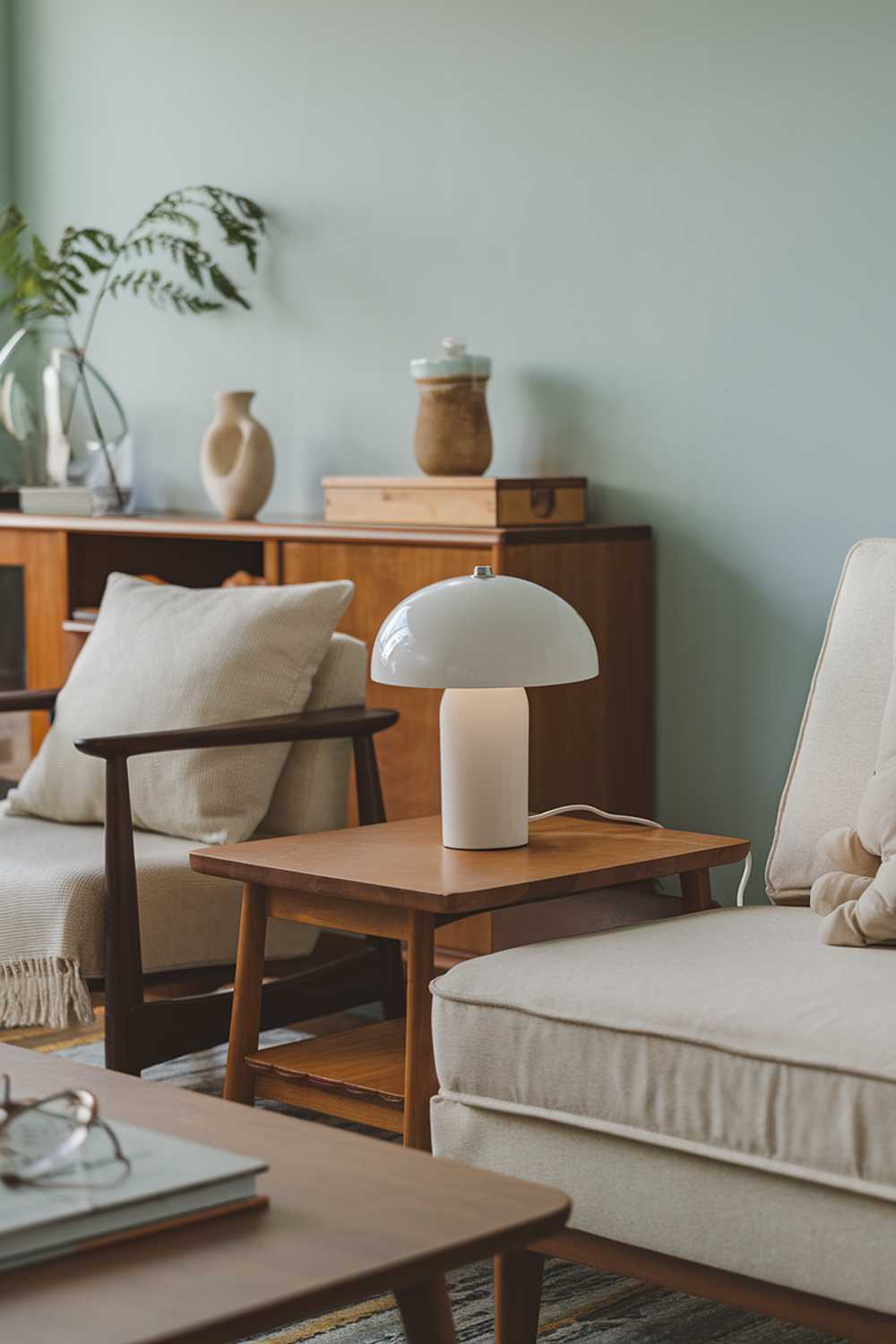 A Scandinavian modern mid-century living room decor. There is a beige sofa with a few pillows. There is a wooden coffee table with a white lamp on top. There are a few decorative objects, including a plant, a vase, and a wooden box. The walls are painted in a soft blue color.