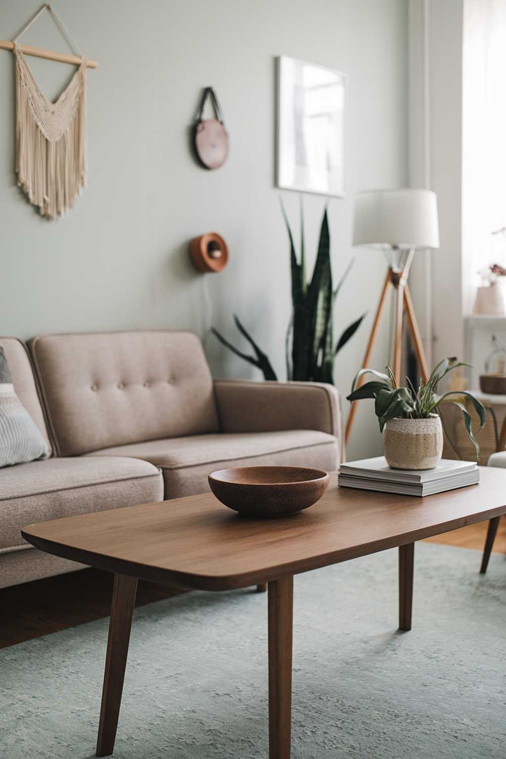 A Scandinavian modern mid-century living room decor. There's a beige sofa with a few cushions and a wooden coffee table in the middle of the room. A few decorative items, such as a plant, a wooden bowl, and a lamp, are placed on the table. The walls are painted in a light gray color and have a few hanging items. The floor is covered with a light blue rug.