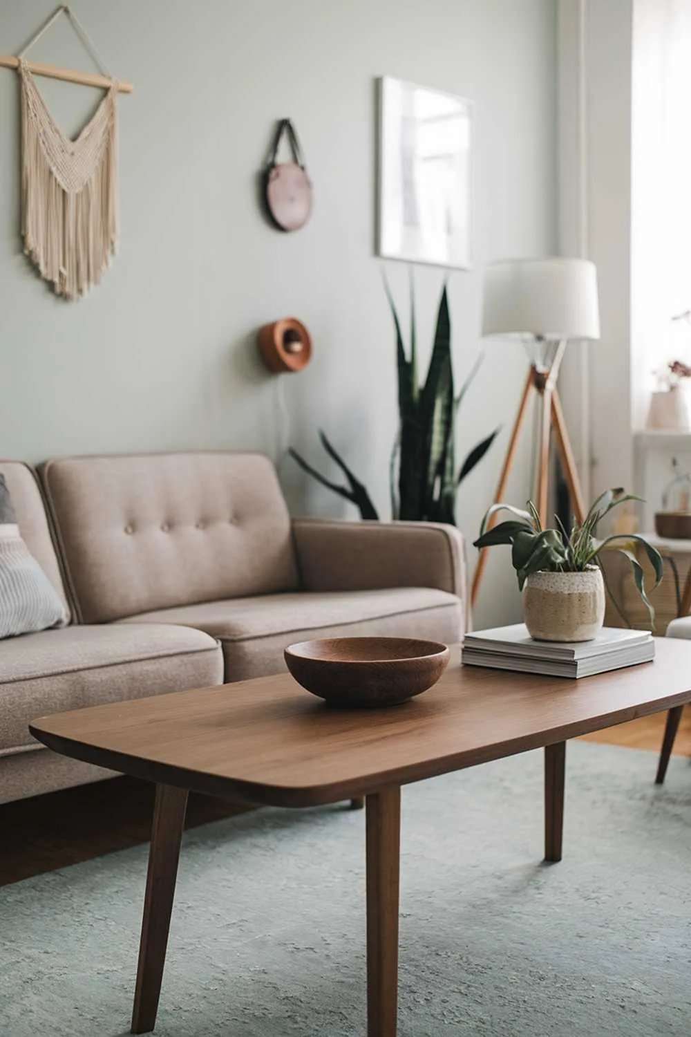 23 Scandinavian Mid-Century Living Room Decor Ideas 17 A Scandinavian modern mid-century living room decor. There's a beige sofa with a few cushions and a wooden coffee table in the middle of the room. A few decorative items, such as a plant, a wooden bowl, and a lamp, are placed on the table. The walls are painted in a light gray color and have a few hanging items. The floor is covered with a light blue rug.